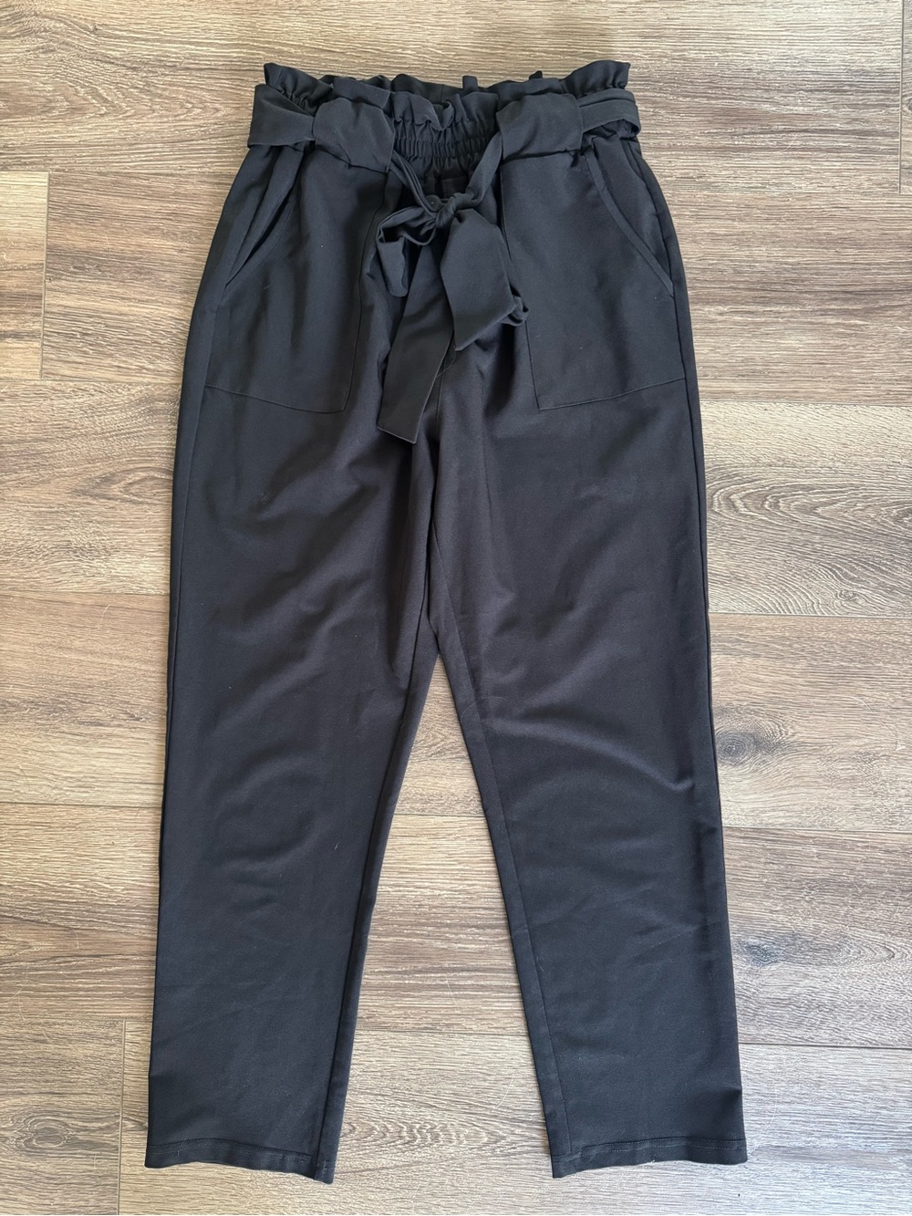 Grace Karin Paperbag Elastic Waist Cropped Pants with Pockets, Black